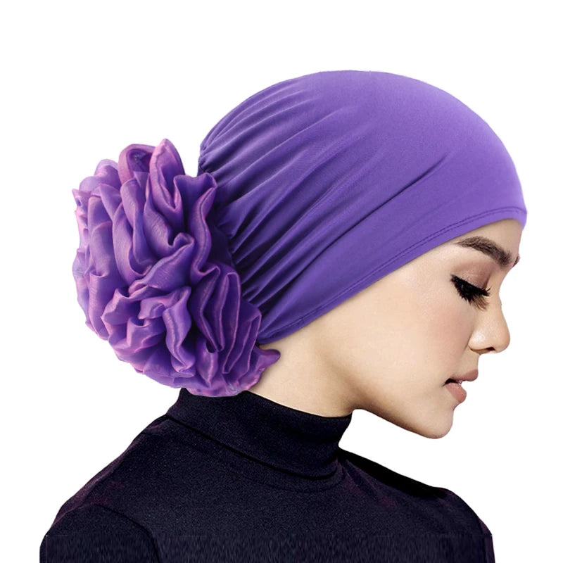 Women's Hijabs Turban Big Flower Elastic Cloth Hair Bands Hat Beanie Ladies Muslim Solid Hair Loss Scarf Cap Hair Accessories