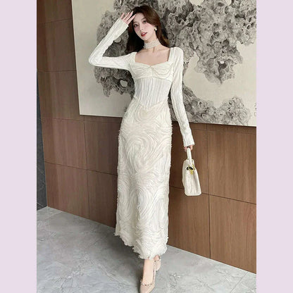 French Romantic Beige Textured Patchwork Design Elegant Square Neck Appliques Slim Elastic Knit Dress