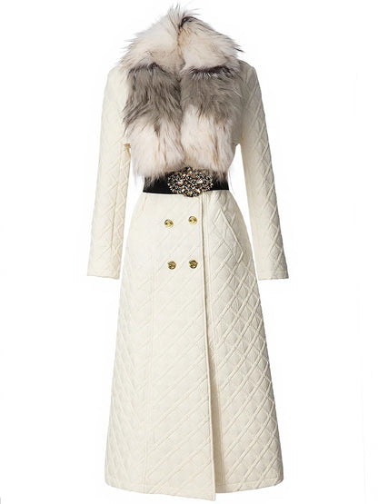 DSXDFACAIRIJ Women Color Blocking Fur Collar Long Sleeves Lace-Up High Street Double Breasted Geometric Outerwear Winter...