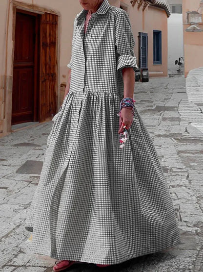 DSMTRC 2024 New Spring Autumn Long Sleeve Loose Button Casual Maxi Dresses Woman Korean Fashion Plaid Pleated Lapel Shirts Dress