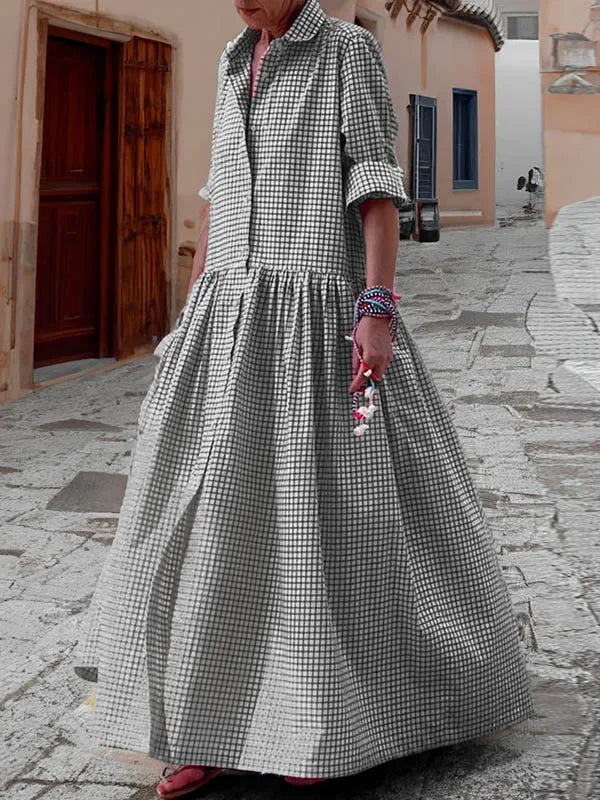 DSMTRC 2024 New Spring Autumn Long Sleeve Loose Button Casual Maxi Dresses Woman Korean Fashion Plaid Pleated Lapel Shirts Dress