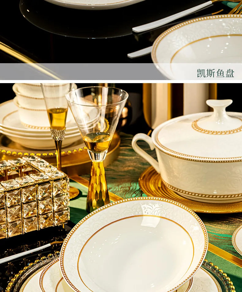 2025 New Jingdezhen Dishes Tableware Free Combination Household High-grade Bone China Tableware Housewarming Relief Rose