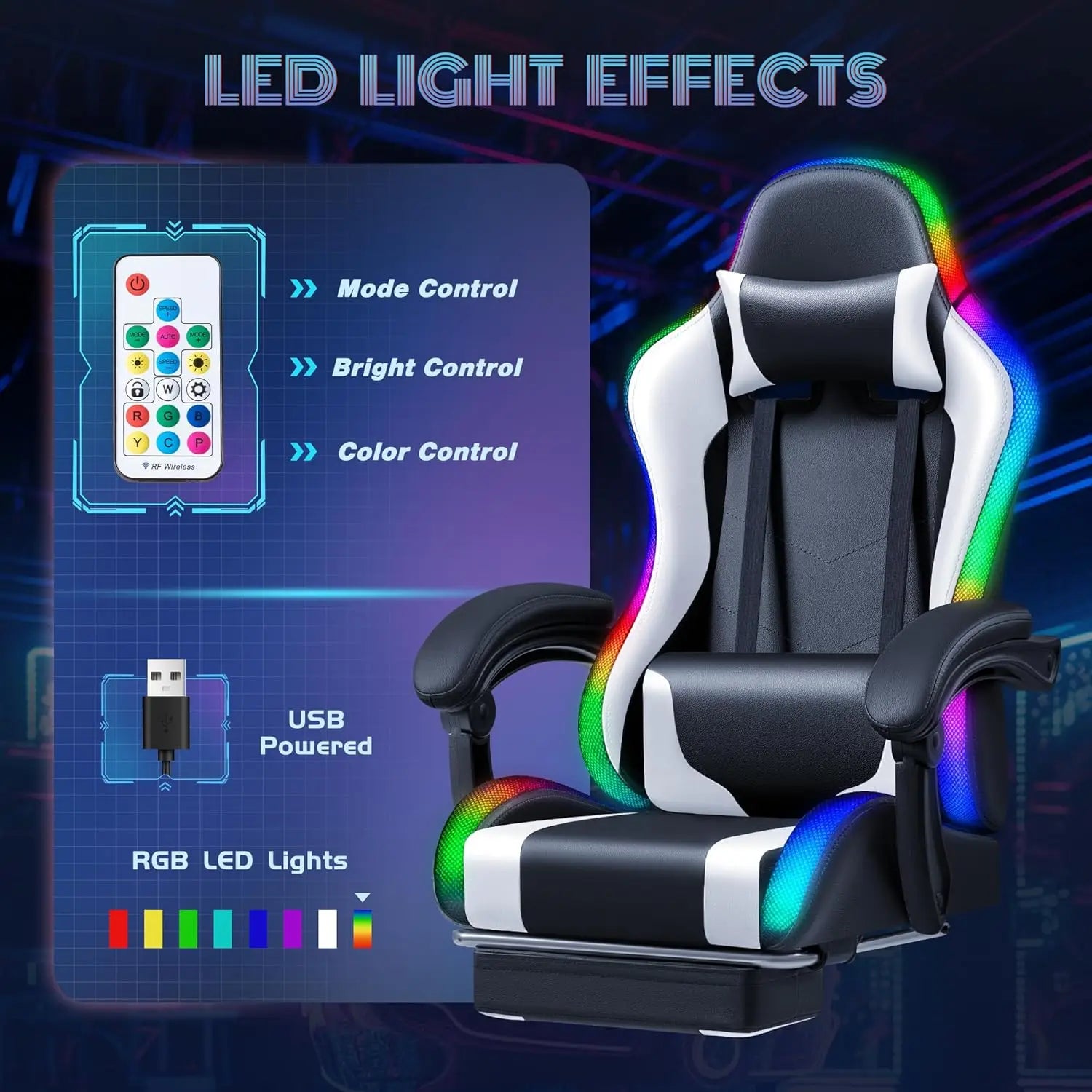 Gaming Chair with RGB LED Lights, Video Game Chair with Footrest and Massage Lumbar Support, High Back Reclining, Customized