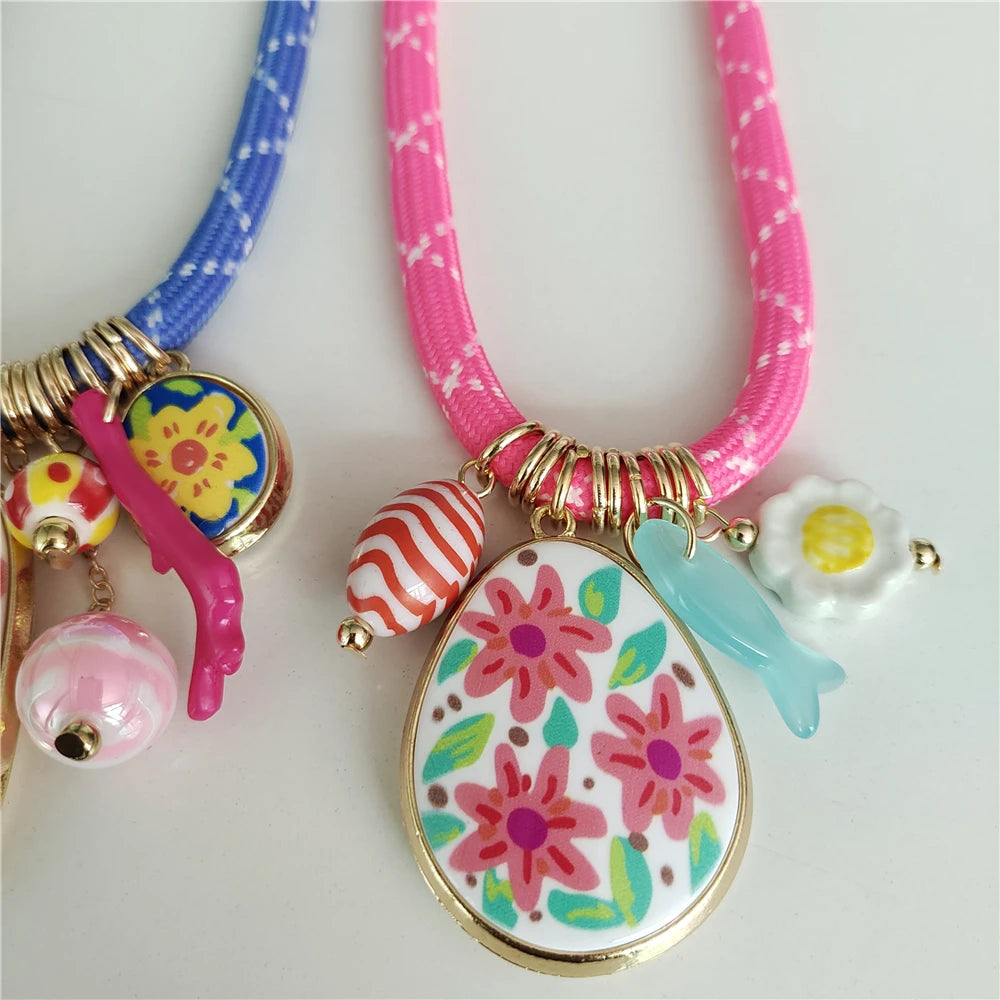 Colorful Dopamine Pink Blue Cord Choker Necklace Women Indian Boho Ethnic Statement Enamel Flower Pendant Necklace lady...