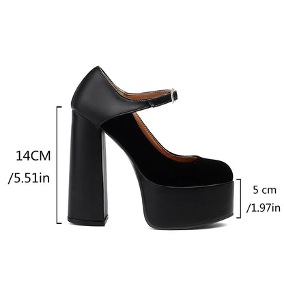 2024 Matte Flock Splice PU Shallow Mouth Hollow Breathable Waterproof Platform Ultra High Thick Heel Ankle Buckle Women's Pumps