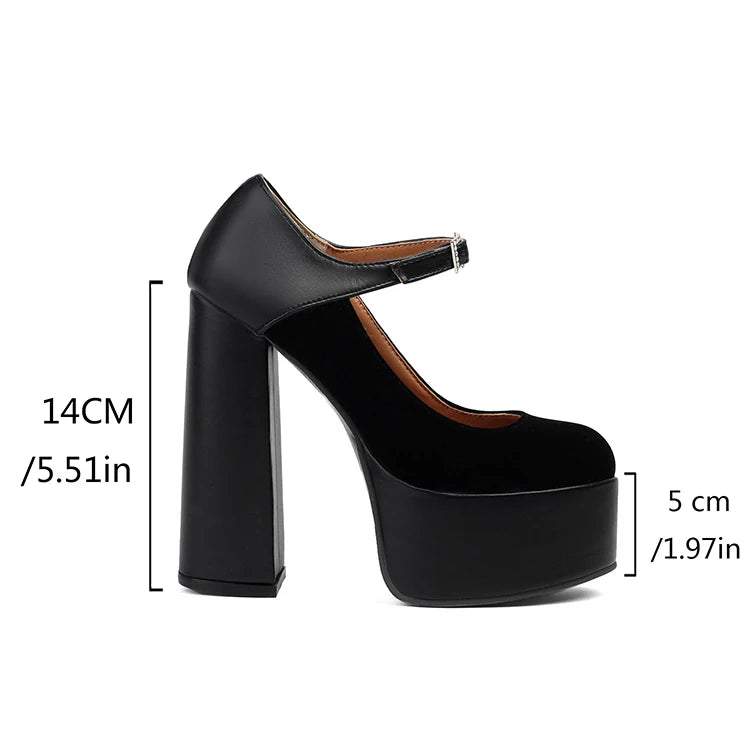 2024 Matte Flock Splice PU Shallow Mouth Hollow Breathable Waterproof Platform Ultra High Thick Heel Ankle Buckle Women's Pumps