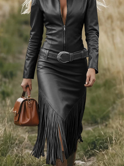 Women's Western Style Fringe Leather Dress With Belt Solid Zipper Tassel Hem Long Sleeve Midi Dress Female Vintage Chic...