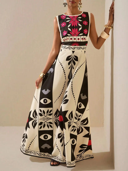 Elegant Red Floral Tribal Sleeveless Dress High Waist A Line Maxi Gown, For Wedding Guest Evening Party Vacation Outfits...