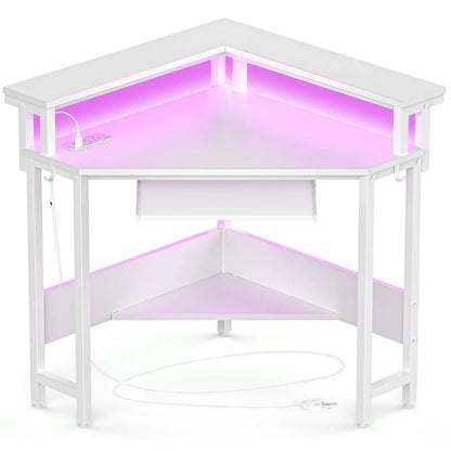 JHK Corner Desk Office Computer Desk for Small Space with LED Lights Gaming Table with Storage Shelves Power Outlets For Home