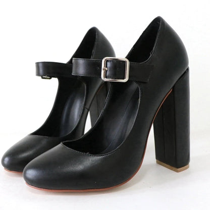 Elegant Women Black Patent Mary Jane High Heel Pumps Buckle Strap Round Toe Block Heel  Party & Office Work Dress Shoes