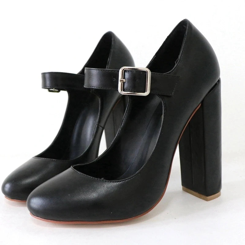 Elegant Women Black Patent Mary Jane High Heel Pumps Buckle Strap Round Toe Block Heel  Party & Office Work Dress Shoes
