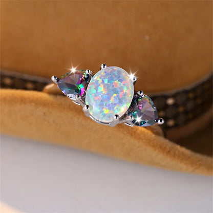 Oval Mystic White Fire Opal Rings For Women Silver Color Wedding Bands Rainbow Heart Zircon Engagement Party Jewelry Mother Gift