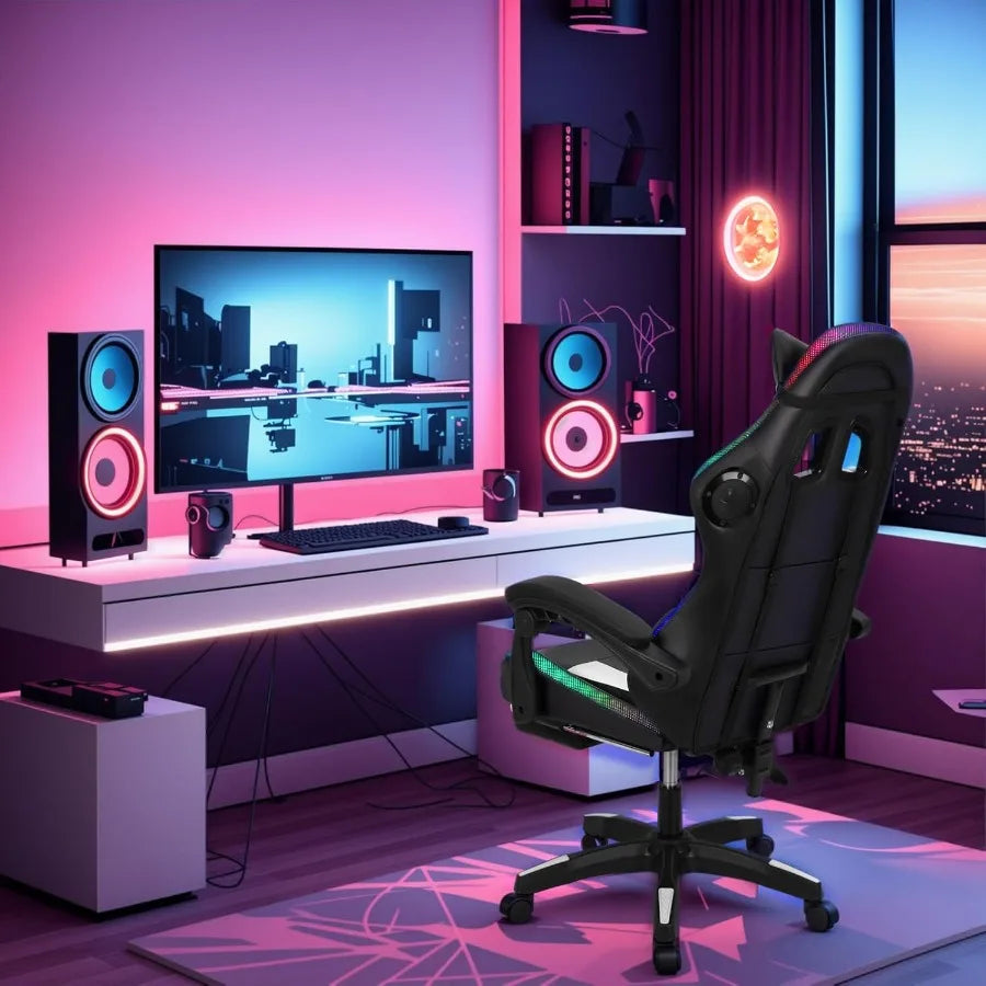 High-Back Gaming Chair with Built-in Bluetooth Speakers and RGB LED Lights for Immersive Entertainment 360 Swivel Height and Re