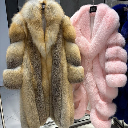 YOLOAgain Luxury Real Fox Fur Jacket Women Long Fur Coat 2025 Winter Warm