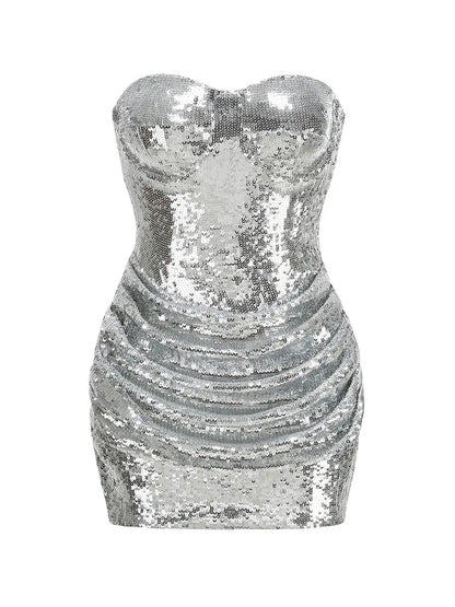 Sexy Strapless Ruched Sequins Mini Dress Women Sliver Sleeveless Backless Folds Bodycon Dresses Celebrity Evening Party...