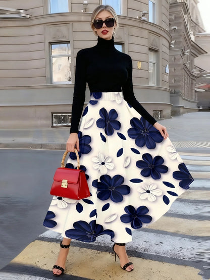 Printed Design suitable for all four seasons Blue White Floral Pattern Print vacation style elegant style Women's Skirt...