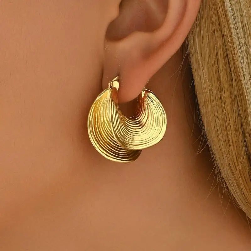 Unique Geometric Irregular Striped Large Ear Buckle Earrings for Women Creative Metal Gold Color Fan Shaped Earring...