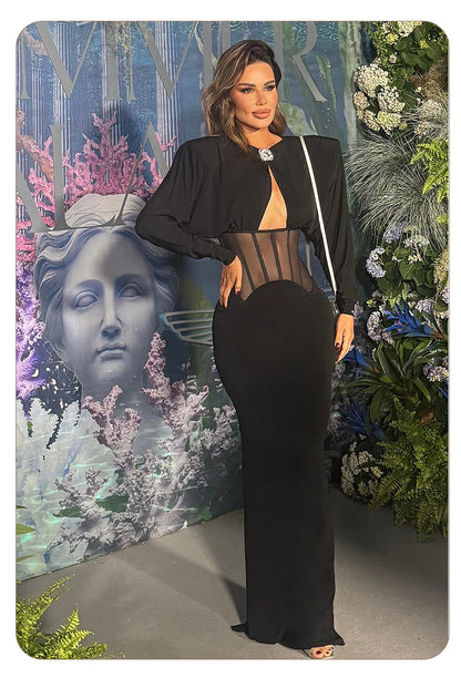 VC Elegant Black Diamond Maxi Evening Dress with Mesh Corset Waist and Jewel Detail – Long Sleeve Formal Evening Gown