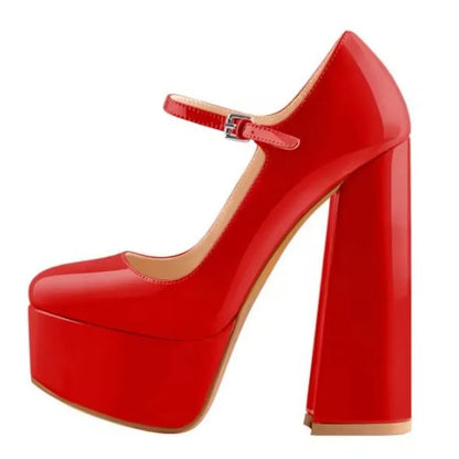 DIZHJUANG Sexy women's high heels. Black patent leather round toe shoes. About 15cm heel height. Coarse heeled Mary Jane...