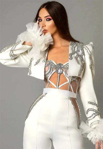Crystals White Women Suit Set 2 Pcs Sexy Short Blazer+Pants Trousers Formal Puffy Sleeves Jacket Customized Wedding Prom Coat