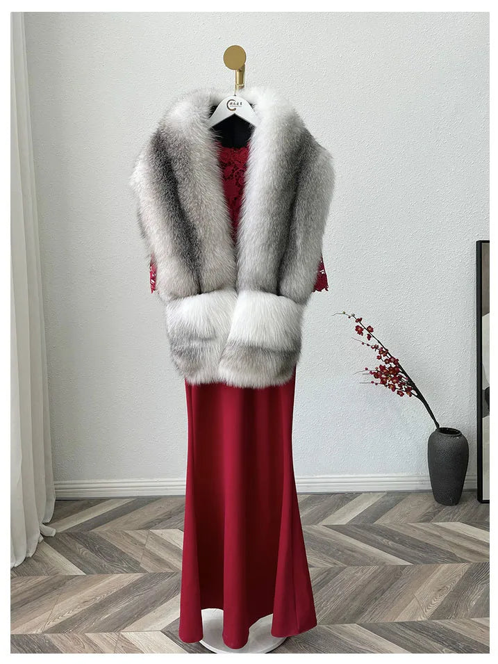 MS.MinShu-Luxury Fox Fur Scarf, Big Skin Scarf, Natural Fox Fur Stole, Genuine Fox Fur Shawl, Pocket Fashion Evening Dress - Kimlud