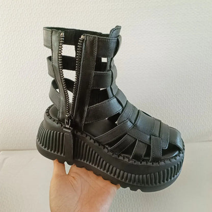 Koznoy 8cm 2025 Ethnic Weave Cow Genuine Leather Hollow Zip Summer Fashion Ankle Booties Women Chunky Heels Breathable...