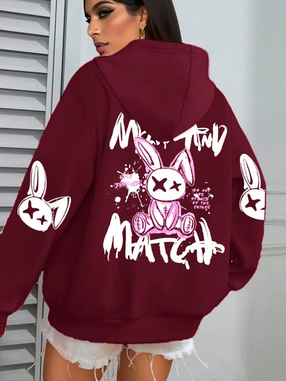 Mix And Match Cartoon Rabbit Prints Women Hoodie Pocket Streetwear Harajuku Loose Hoody All-Match Fleece Female Clothing