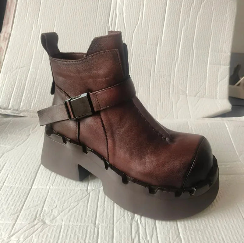 6.5cm Cow Natural Genuine Leather Autumn Flats Comfy Shoes Platform Wedge Elthnic Big Toe Women Ankle Booties Rubber Spring