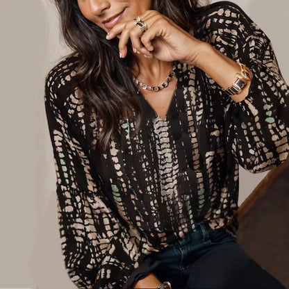 Plus Size Women's Shirt, Stripesd Printed V-Neck Long-Sleeved Top, Casual Resort Style Shirt, Soft Fabric, Loose Cutting