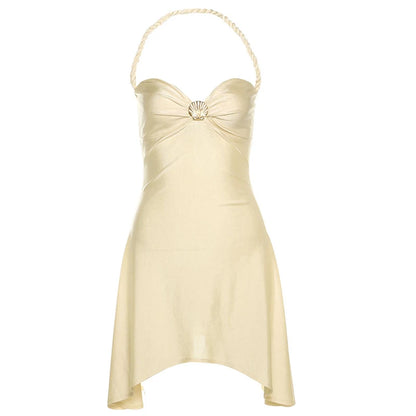 Weird Puss Shell Metal Satin Dress Women Y2K Plait Halter Sexy Low-Neck Irregular Backless Sleeveless Ruched Summer Mini...