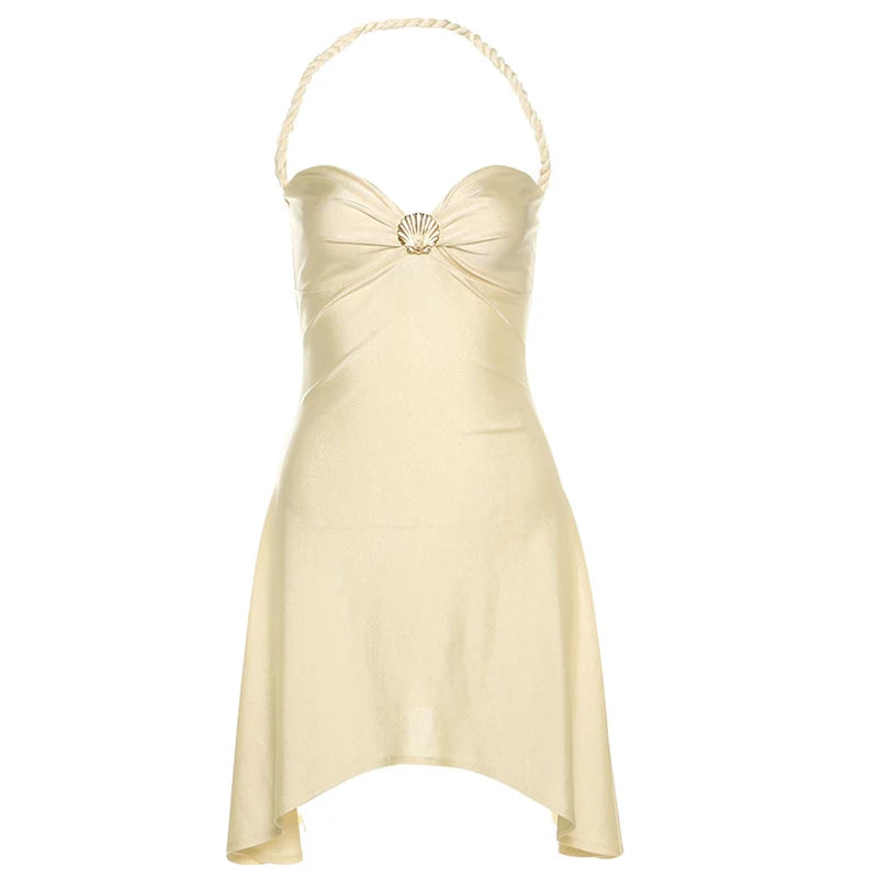 Weird Puss Shell Metal Satin Dress Women Y2K Plait Halter Sexy Low-Neck Irregular Backless Sleeveless Ruched Summer Mini...