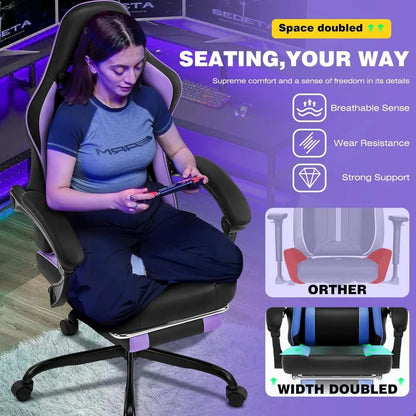 Purple Ergonomic High-Back Gaming Chair for Adults and Teens with Extended Footrest and Removable Headrest, Comfortable Computer