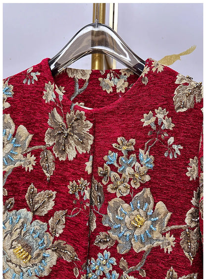 Autumn Winter New Women's Velvet Beaded Round Neck 3/4 Sleeve Burgundy Mid-Length Coat Chenille Texture Luxury Jacket