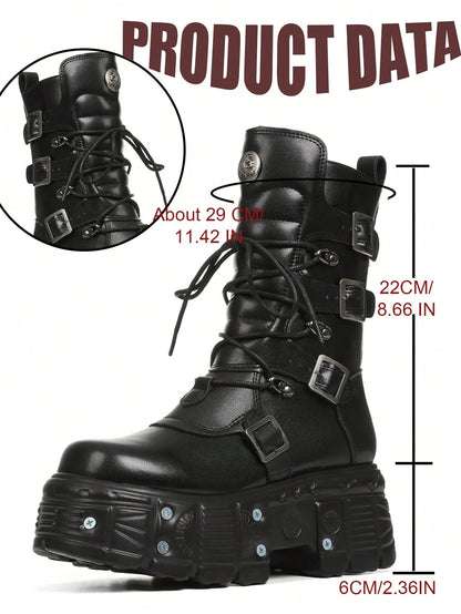 Cool Fashion Women Combat Boots Chunky Heels Thick Bottom Studs Zip Buckle Platform Punk Gothic Luxury Women Street Shoes