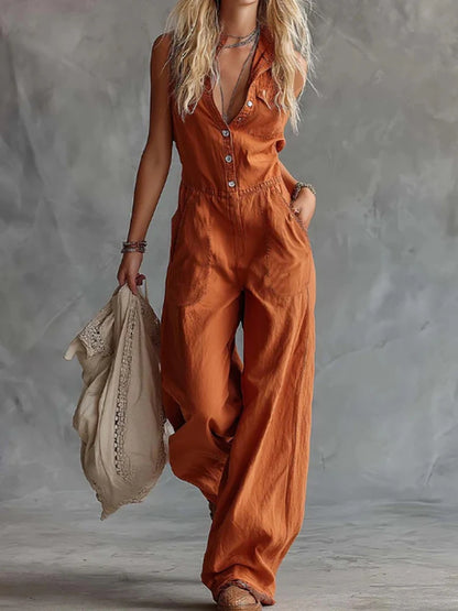 Women Summer Sleeveless Patchwork Jumpsuit Wide Leg Pants Playsuit Chic Bodysuit Button Detail Holiday Fashion Simple Design New - Kimlud