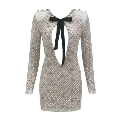 VC Pearl Sequins Hollow Out Short Dress For Women Sexy Long Sleeve Key Hole Bow Tie Diamond Beige Mini Evening Party Dress