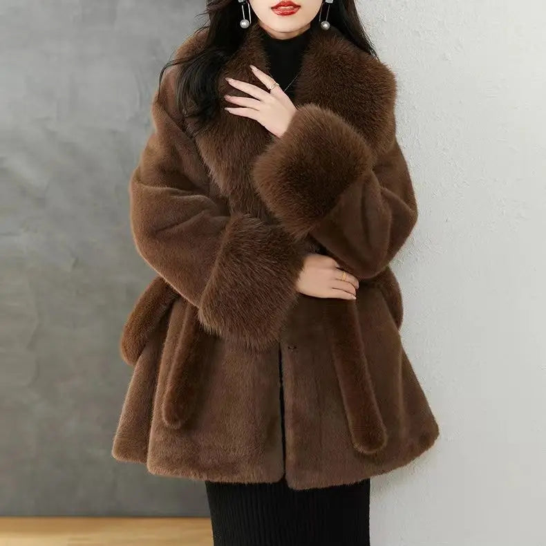 Elegant Simplistic Women's Faux Fur Mink Coat Eco-Friendly Long Sleeve Mid-Length Fashionable Winter Outerwear Coat