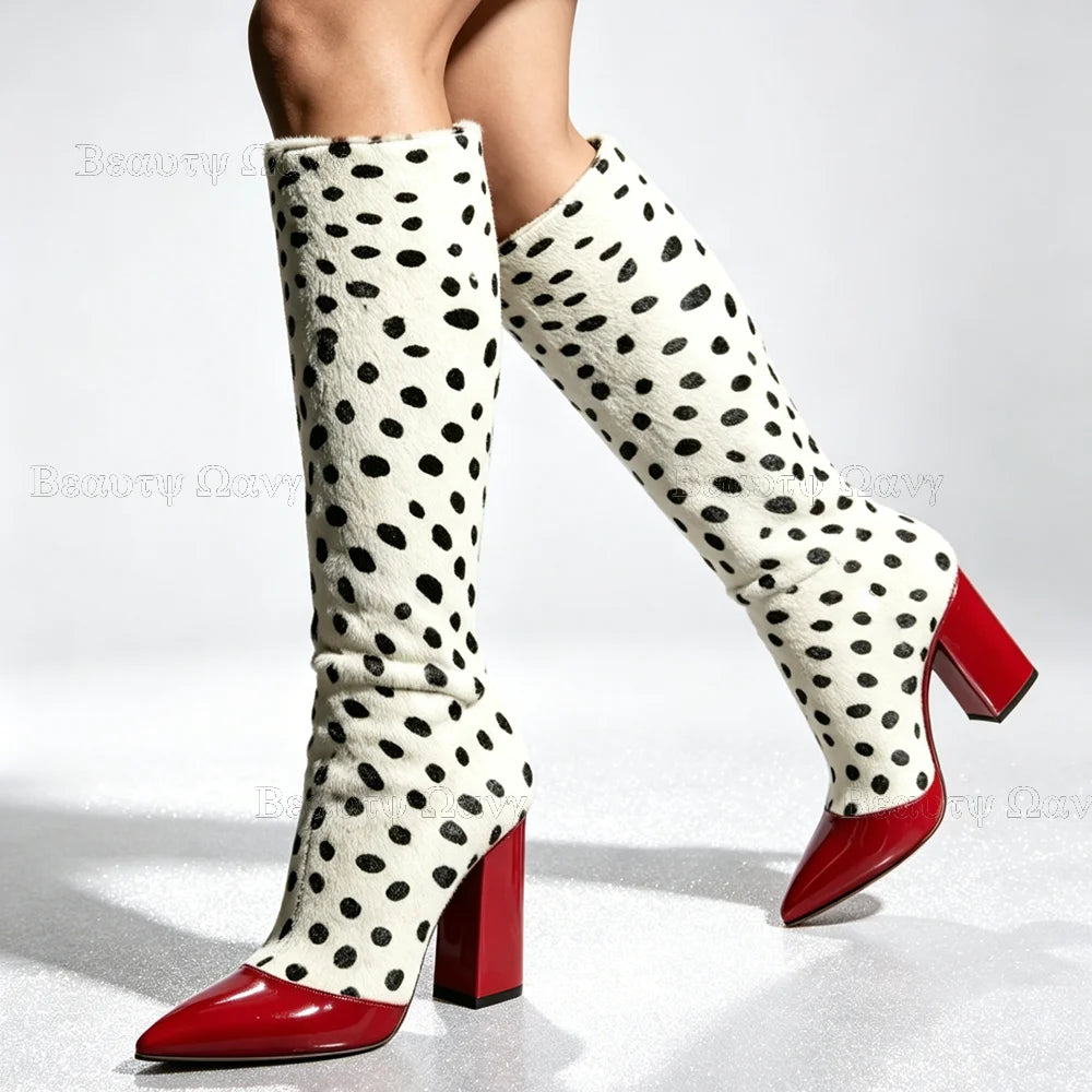 Green Red Milk Leopard Boots Mid High Pointed Toe Chunky Heel Women Shoes High Heel Shoes for Girls Zapatos Para Hombres