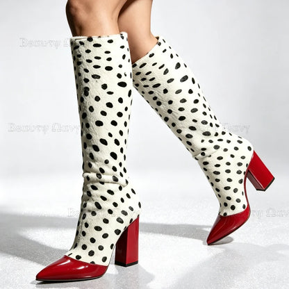 Green Red Milk Leopard Boots Mid High Pointed Toe Chunky Heel Women Shoes High Heel Shoes for Girls Zapatos Para Hombres