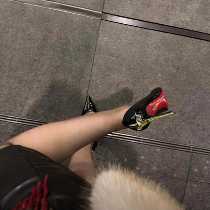 Super fiber leather women's power sword high heels, authoritative and sexy queen style snake patterned red soled shoes |...