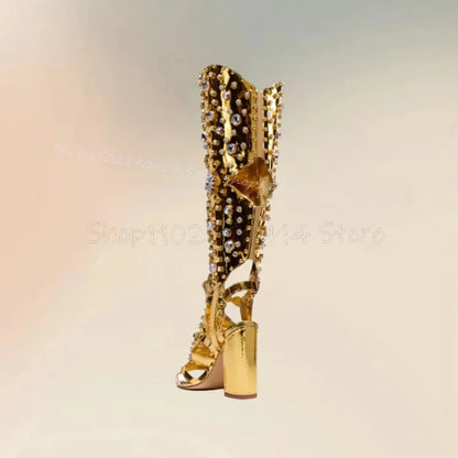 Crystal Flower Decor Gold Hollow Design Sandals Boots Knee High Women Shoes Chunky High Heels Fashion 2024 Zapatos Para Mujere