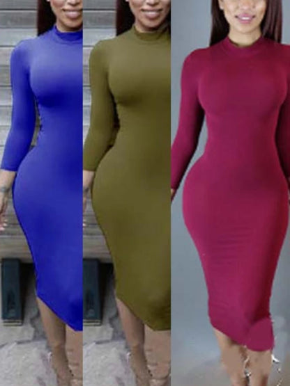 Sexy Solid Color Elastic Slim Bodycon Dress Women Long Sleeves Girdling Waist Skinny Dress Elegant Club Party Vestidos