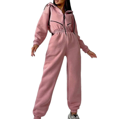 Long Sleeve Sports Casual Women's Hooded Overall Pants Jumpsuits Solid Color Jumpsuit Women One-Piece Suit - Kimlud