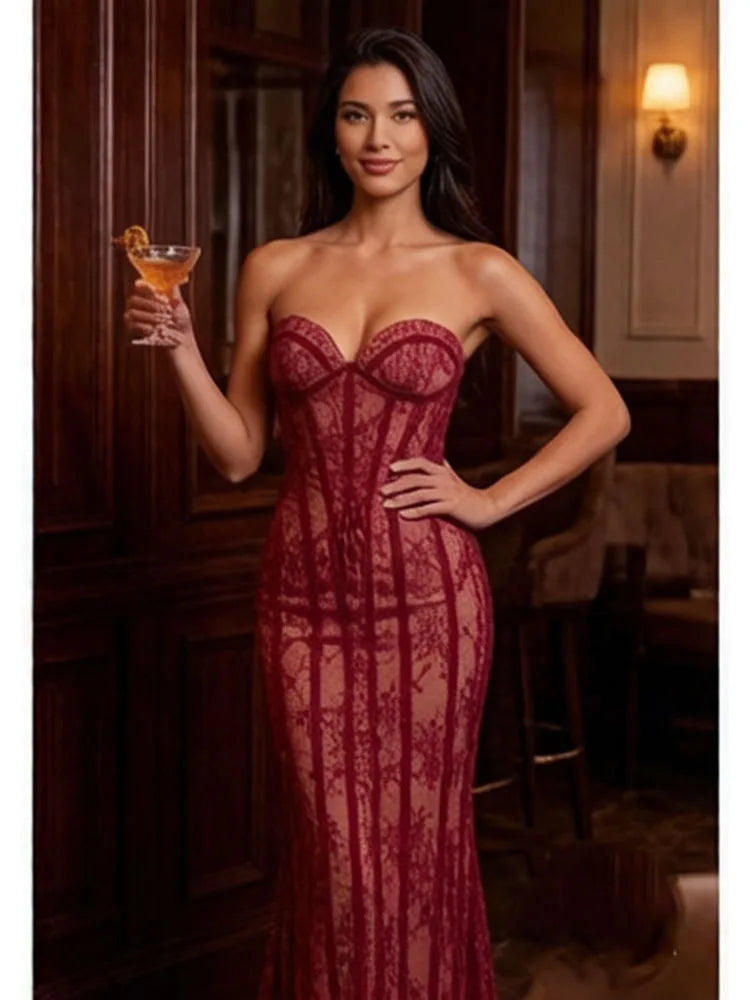 Sexy Strapless Lace Corset Long Dress Women Wine Red Black Sleeveless Summer Floral Slim Dresses Celebrity Evening Party...
