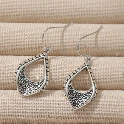 Ethnic Silver Color Dangle Women's Earrings Geometry Carving Flower Party Daily Wear