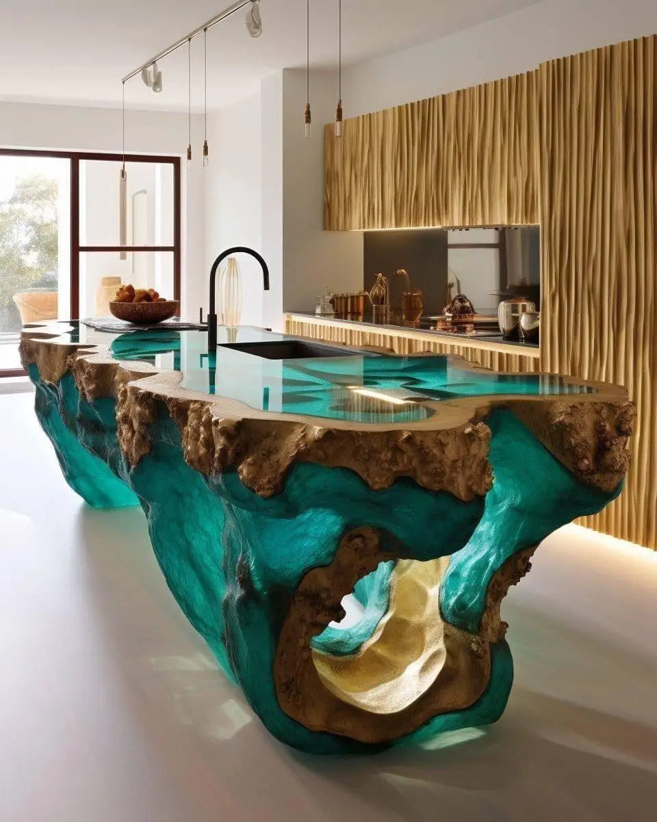 Solid Walnut Wood Luxury Dining Restaurant Rectangular Ocean River Epoxy Resin Slab Kitchen Table
