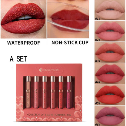 6pcs/pack lip gloss set, long-lasting non stick cup liquid lipstick velvet matte lip gloss
