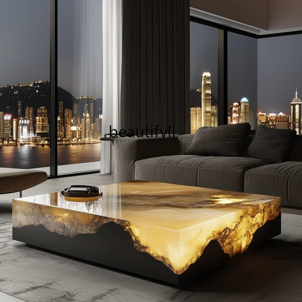 G53 Square luminous jade coffee table leather light luxury minimalist style living room luxury stone natural marble - Kimlud