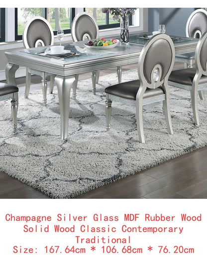 7pc Rect. Glass Dining Table Set w/ Silver Hue & 6 Tufted Side Chairs for Dining Room - Kimlud