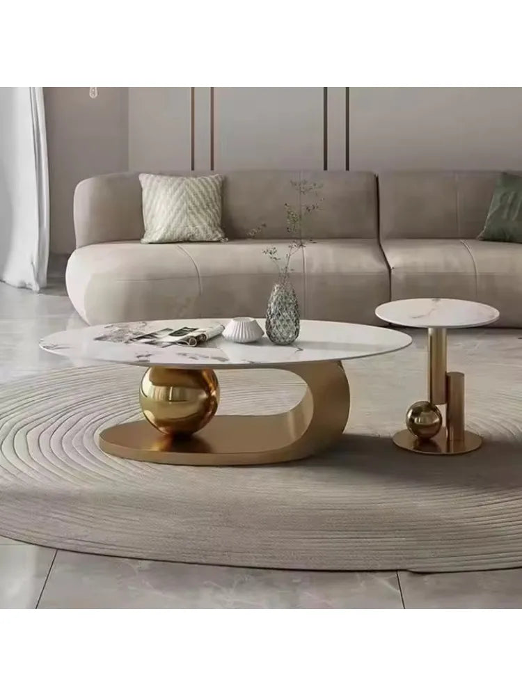 Gold oval coffee table set, sintered stone and marble living room furniture coffee table - Kimlud
